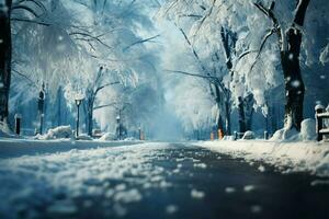 AI generated Winter road Outdoor nature scene with snowy trees, frost photo