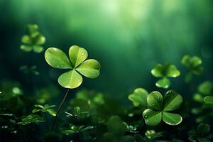 AI generated Lucky backdrop St Patricks Day theme with scattered clover leaves photo