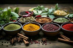 AI generated Wooden table delight Colorful spices showcased in assorted bowls photo