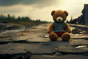 ai generado abandonado infancia solitario oso juguete en un triste antecedentes gráfico foto