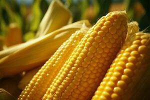 AI generated Yellow delight Closeup of ripe maize plant in organic agriculture photo