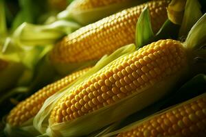 AI generated Healthy harvest Ripe maize plant closeup, green and yellow goodness photo