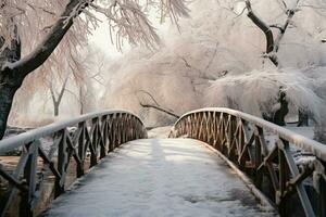 ai generado escarchado belleza botánico jardín invierno paisaje, puente terminado congelado agua, nieve cubierto arboles foto