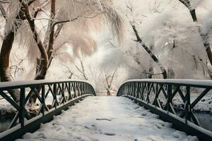 AI generated Winter wonder Frozen water, snow covered trees, and a bridge in botanical garden photo