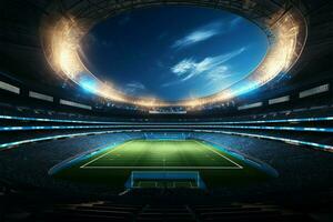 AI generated Nighttime excitement 3D rendering of a soccer stadium with flares photo