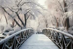 AI generated Winter wonder Frozen water, snow covered trees, and a bridge in botanical garden photo