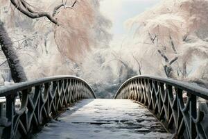 AI generated Botanic serenity Winter scene with bridge, frozen water, and snow draped trees photo