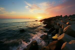 ai generado rocoso costa resplandor puesta de sol matices gracia el tropical playa rocas foto