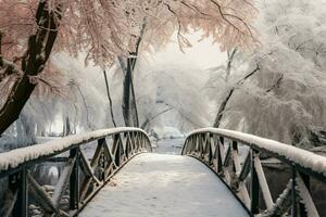 ai generado Nevado encanto invierno escena a un botánico jardín, congelado agua, nieve cubierto arboles foto