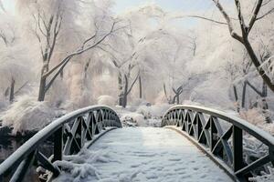 AI generated Frozen tranquility Botanical garden winter scene with a bridge, snow covered trees photo