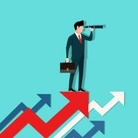 upward arrow and a businessman looking forward through the telescope. A symbol of success vector