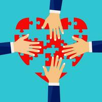 Businessmen connect heart puzzles. Concept of business building cooperation. Vector illustration