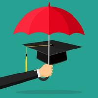 Umbrellas and graduation hats. Protecting education. vector illustration