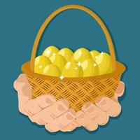 Hand holding a basket of golden eggs. Vector illustration