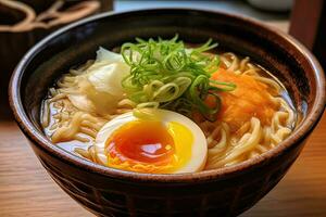 ai generado delicioso ramen en oscuro superficie foto