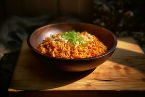 ai generado delicioso ramen en oscuro superficie foto