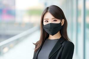 ai generado mujer vistiendo cara máscara proteger filtrar en contra aire contaminación foto