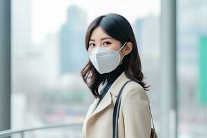 AI generated woman wearing face mask protect filter against air pollution photo