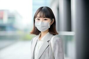 AI generated woman wearing face mask protect filter against air pollution photo