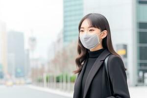 AI generated woman wearing face mask protect filter against air pollution photo