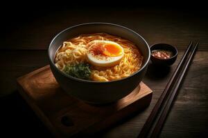 AI generated delicious ramen on dark surface photo