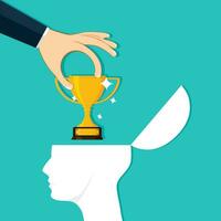 Hands put the trophy in the human head. Create excellence in your thoughts. Vector illustration