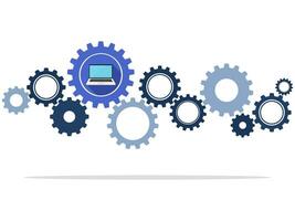 Laptop and gear mechanism. Control technology concept of mechanism system vector