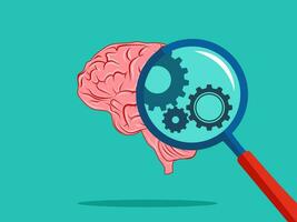 A cog in the magnifying glass and the brain. Brain system concept vector