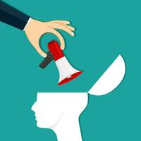 Hand placed a megaphone on the human head. Providing marketing advice. Vector illustration