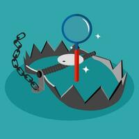 Magnifier and a trap. The concept of bait. Vector illustration