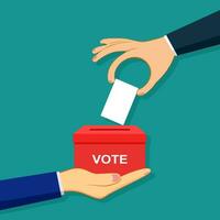 businessman hand putting voting paper into ballot box. voting and election concept. vector