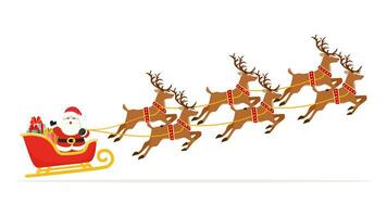 Santa Claus flying in sleigh with gifts and reindeer. Christmas and New Year celebration vector