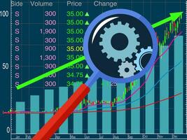 A magnifying glass analyzing a stock graph of growth. vector illustration