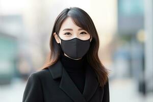 ai generado mujer vistiendo cara máscara proteger filtrar en contra aire contaminación foto
