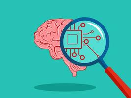 Processing circuit on a magnifying glass and human brain. vector illustration