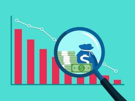 Assets in a magnifying glass and a downtrend chart. Profit reduction concept vector