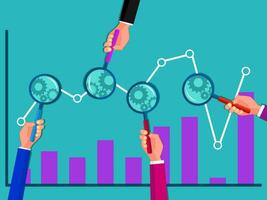 Line graph and magnifying glass. Business people help analyze the graph or chart vector