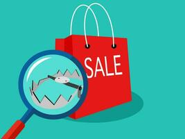 Magnifying glass and bags on sale. The trap concept of the sale vector