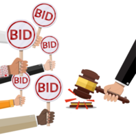 Hands holding auction paddle and hammer png