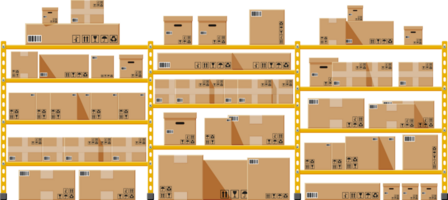 Metallic shelves with carton brown boxes. png