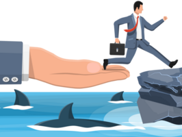 Businessman jumping over shark in water. png