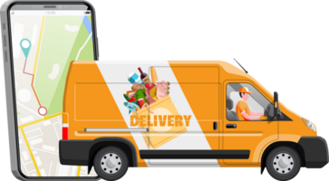 consegna furgone pieno di cibo e smartphone. png