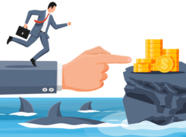 Businessman running on hand over shark in water. png