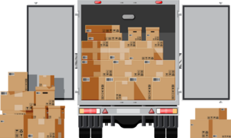 Truck trailer loaded with cardboard boxes. png