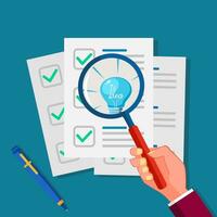 A light bulb in a magnifying glass and paper for business documents. Document analysis with clarity vector