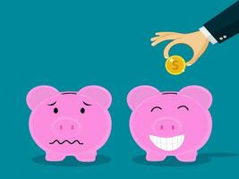 People are putting money and the piggy bank is happy. Money saving concept. vector