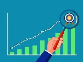 A goal in a magnifying glass and a growth graph. Goal-based growth concept vector