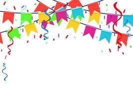 Colorful Party Flags With Confetti And Ribbons Falling On Transparent Background vector