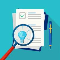 A light bulb in a magnifying glass and paper for business documents. Document analysis with clarity vector