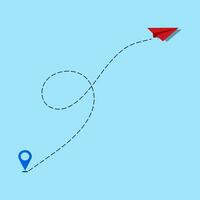 Red paper airplane with a trace. Airplane path. Travel. Plane and a map pin vector